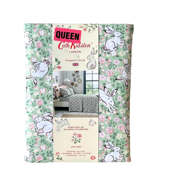 Cath Kidston london JUMPING BUNNIES GREEN Floral 4pc QUEEN Sheet Set NEW - Picture 1 of 10